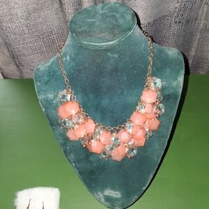 Chic Coral and Clear Crystal Necklace With Matching Earrings